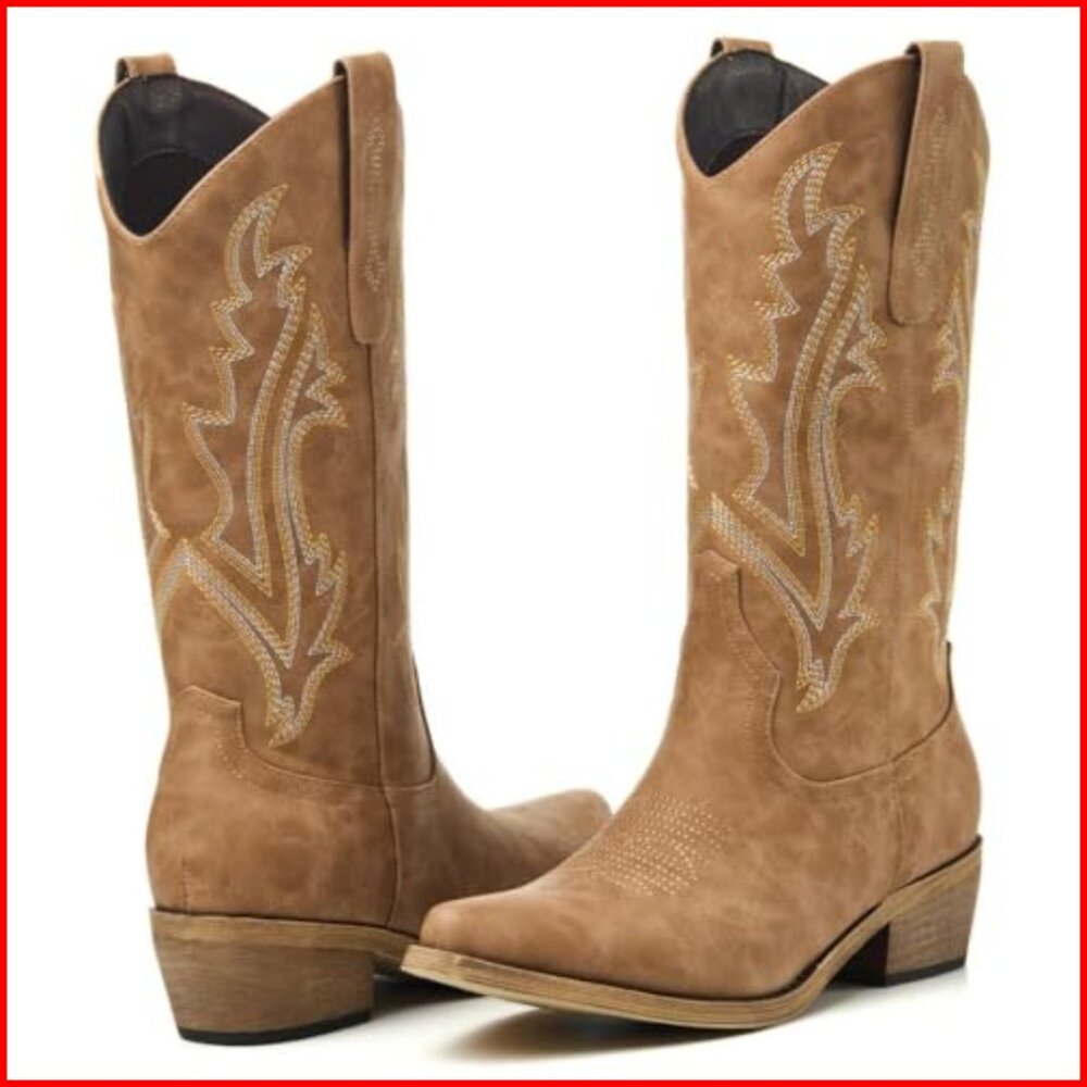 Women's Cowboy Boots with Embroidered Chunky Heel, True to Size - Picture 4 of 7